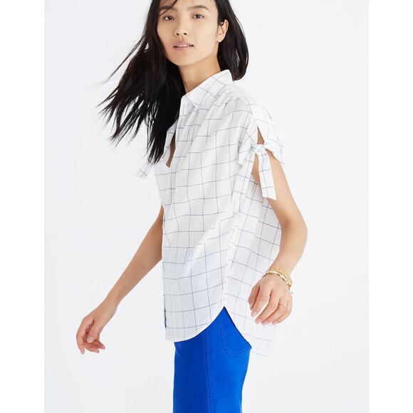 Madewell Women's Size Small White Windowpane Central Tie-Sleeve Collared Shirt - Picture 1 of 12
